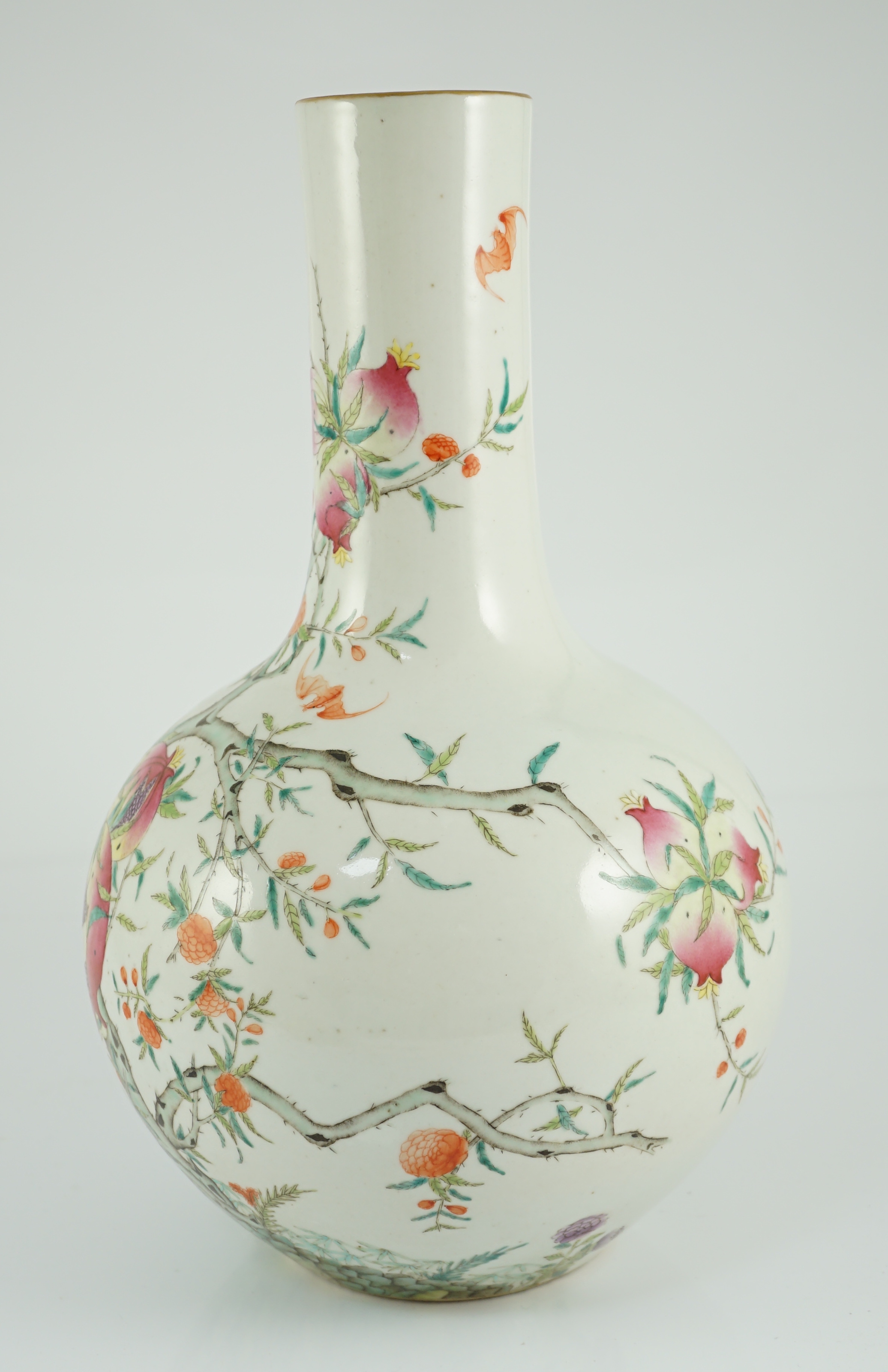 A Chinese famille rose ‘pomegranate and bats’ vase, tianqiuping, Qianlong seal mark, late 19th/early 20th century